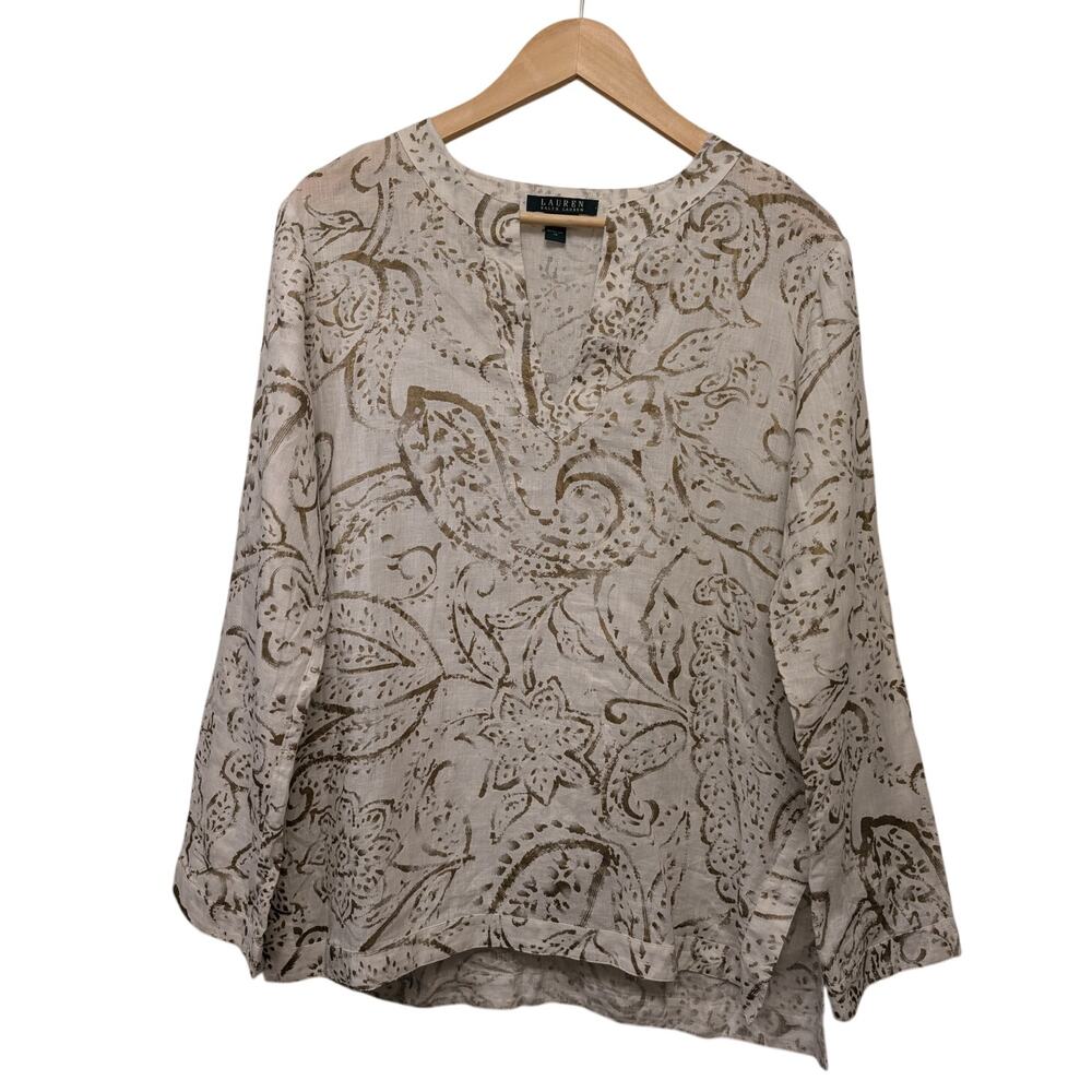 Lauren Ralph Lauren Linen Tunic Shirt White Floral Paisley Print V-Neck Boho